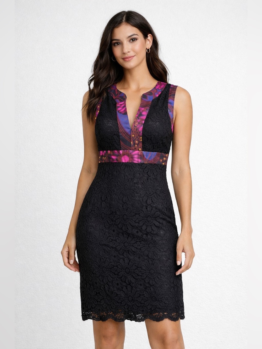 Trina Turk Black Midi Dress with Purple Floral Trim